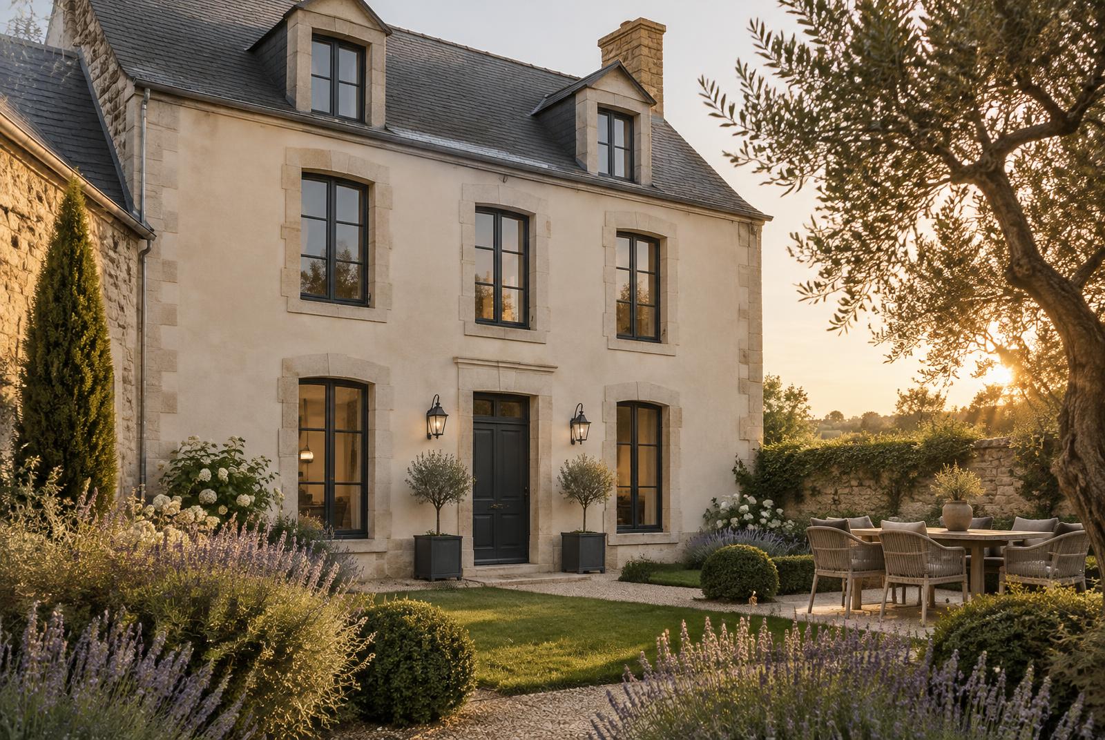 Maison rénovée au soleil couchant avec jardin de lavande